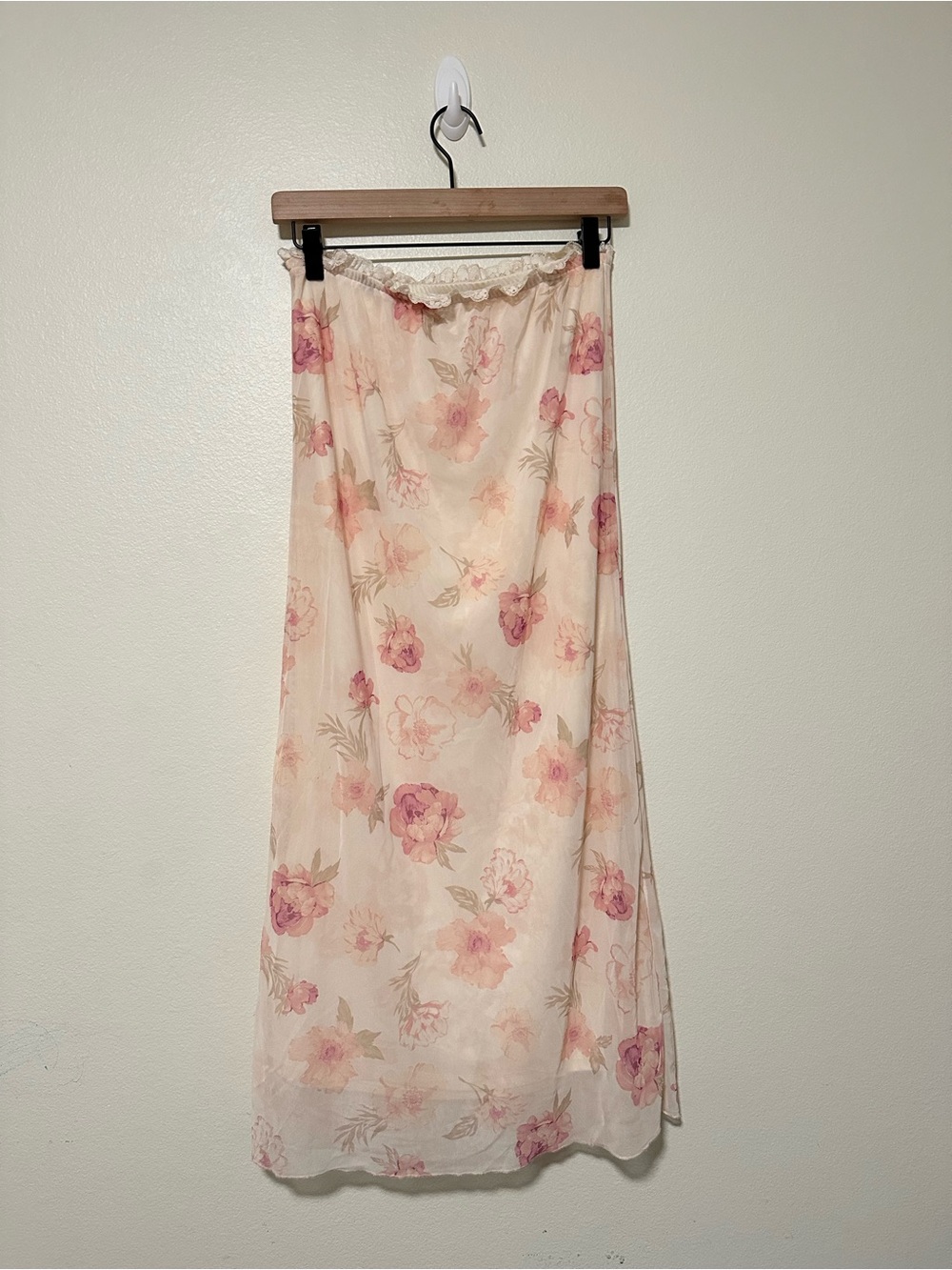 Olive + Oak Floral Cream and Pink Slip Maxi Skirt with lace trim